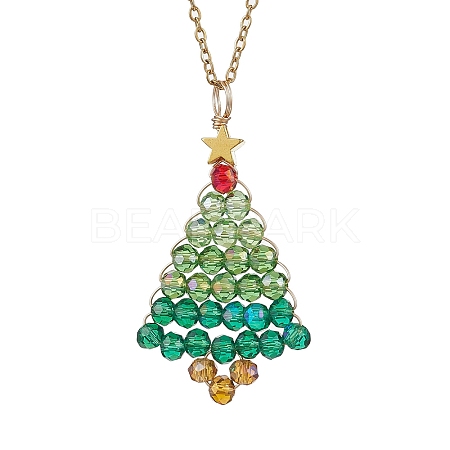 Glass Christmas Tree Pendant Necklaces NJEW-JN05078-1