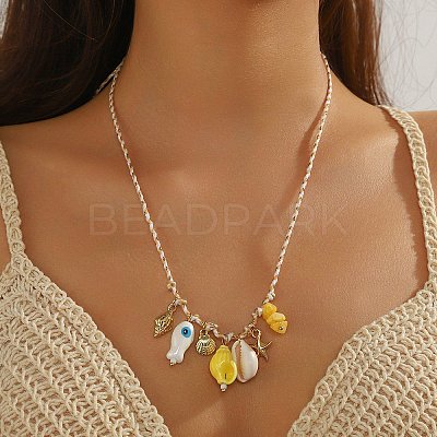 Summer Beach Porcelain Fish & Natural Cowrie Shell Pendant Cotton Cord Adjustable Necklaces FS-WG63638-03-1