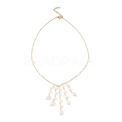 Brass Natural Pearl Rice Beads Tassel Pendant Necklaces NJEW-TA00254-1