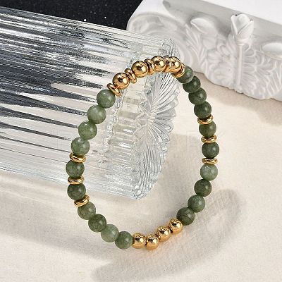 Ion Plating(IP) 304 Stainless Steel & Round Jade Beaded Stretch Bracelets for Women Men BJEW-M046-02G-1