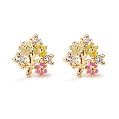 Colorful Enamel Flower of Life Stud Earrings with Cubic Zirconia LS-EJEW-G288-30G-1