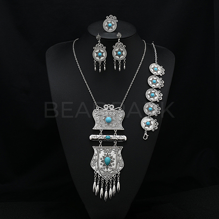 Flat Round Alloy with Resin Pendant Necklace & Stud Dangle Earring & Link Bracelet & Ring FS-WGB1F06-14-1