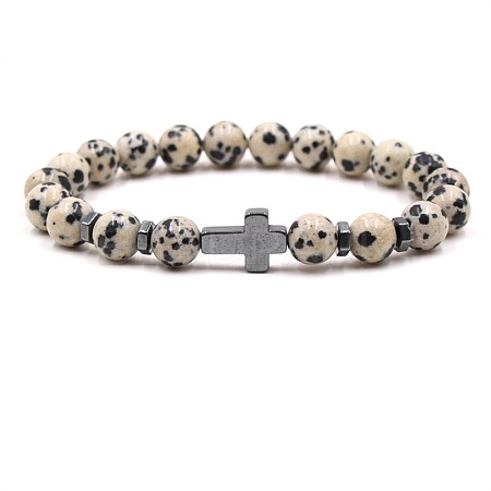 8MM Round Natural Dalmatian Jasper Beaded Stretch Bracelets with Synthetic Non-magnetic Hematite Cross FA1012-11-1