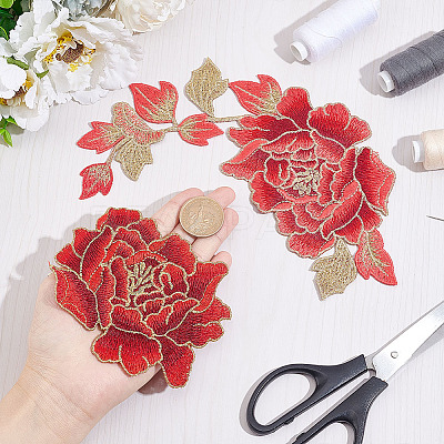 2Pcs 2 Style Peony Polyester Embroidery Sew on Clothing Patches PATC-NB0001-11C-1