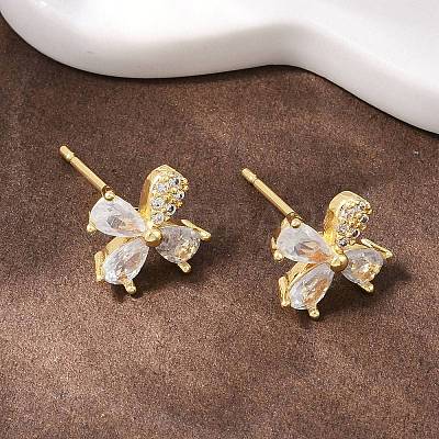 Flower Brass Micro Pave Clear Cubic Zirconia Stud Earrings EJEW-F400-01A-G-1