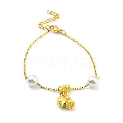 Real 18K Gold Plated Brass Charm Bracelet with Plastic Imitation Pearl Beaded BJEW-D030-04A-G-1