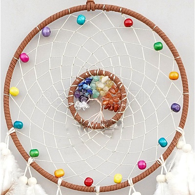 Natural Mixed Stone Chips & Woven Net/Web with Feather Hanging Ornaments HJEW-A013-03B-1