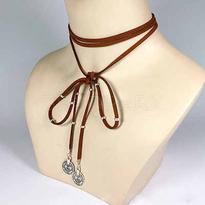 Flat Round Alloy with Suede Cord Lariat Necklaces FS-WG2B7B2-02-1