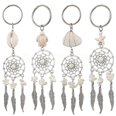 2 Sets Tibetan Style Alloy with Natural Shell & Synthetic Turquoise Keychains KEYC-SP0001-33-1