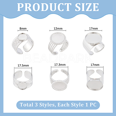 3Pcs 3 Styles 304 Stainless Steel Open Cuff Finger Ring Cabochon Settings STAS-UN0059-66P-1