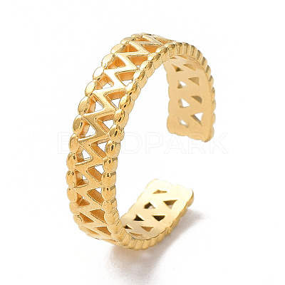 Ion Plating(IP) 304 Stainless Steel Hollow Wave Open Cuff Rings RJEW-D006-09G-1