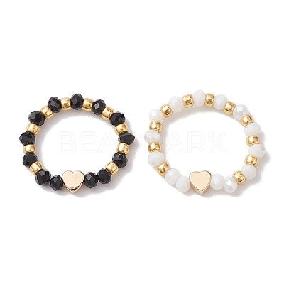 Glass Stretch Rings with Golden Plated Heart Brass Beads RJEW-JR00660-01-1