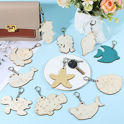 44Pcs 11 Style Wood Pendant Decorations HJEW-PH02316-1