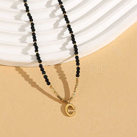 Stainless Steel Initial Pendant Faceted Round Natural Black Spinel Beaded Necklaces for Women ZD9259-3-1