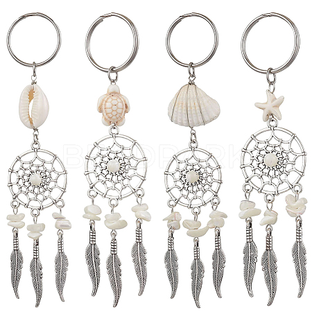 2 Sets Tibetan Style Alloy with Natural Shell & Synthetic Turquoise Keychains KEYC-SP0001-33-1