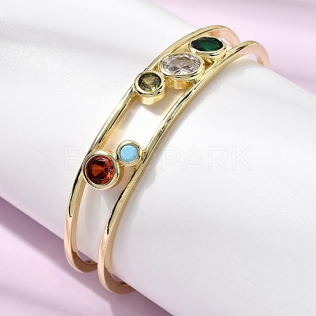 Flat Round Brass Micro Pave Cubic Zirconia Double Layer Cuff Bangles for Women BJEW-K274-16G-1