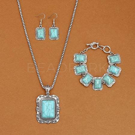 Rectangle Alloy with Synthetic Turquoise Pendant Necklaces & Dangle Earrings & Link Bracelets Sets WGD1135-14-1
