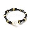 Black Enamel Bamboo Joint Open Cuff Ring with ABS Plastic Pearl Beaded RJEW-H120-08G-2