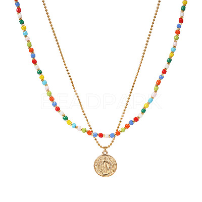 Boho Colorful Glass Seed Beaded Double Layer Necklaces with Stainless Steel Religion Saint Benedict Medal Pendant OL9548-1-1