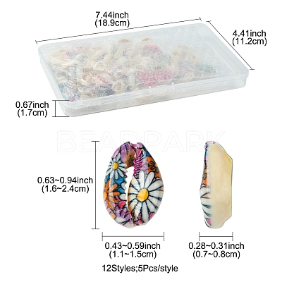 60Pcs 12 Styles Printed Natural Shell Beads BSHE-FS0001-08-1