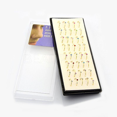 40Pcs 316L Surgical Stainless Steel Rhinestone Hoop Nose Rings AJEW-P001-03-1