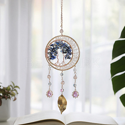 Brass Wire Wrapped Natural Sodalite Chips Tree of Life Pendant Decorations HJEW-D302-07B-1