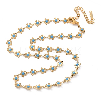 Bohemian 304 Stainless Steel Enamel Deep Sky Blue Flower Link Chain Necklaces for Women NJEW-Z061-01G-1