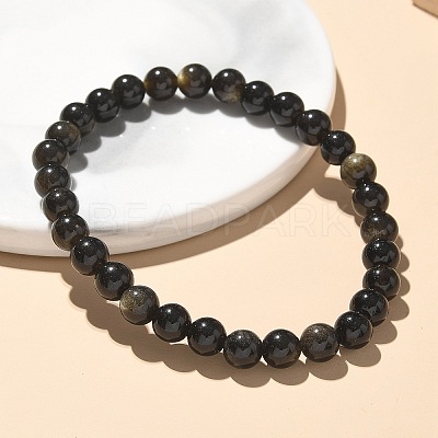 Natural Golden Sheen Obsidian Bead Stretch Bracelets X-BJEW-K212-A-020-1