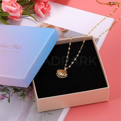 Seashell Pearl Necklace Clear Cubic Zirconia Shell Cage Dangle Necklace Summer Scallop Choker Charm Stainless Steel Jewelry for Women Beach JN1114A-1