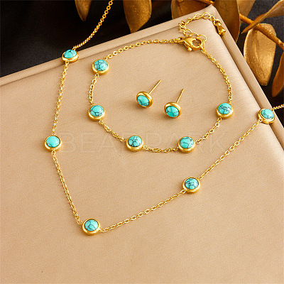 Stainless Steel & Synthetic Turquoise Chain Necklace & Bracelet & Stud Earring FS-WG047CA-07-1