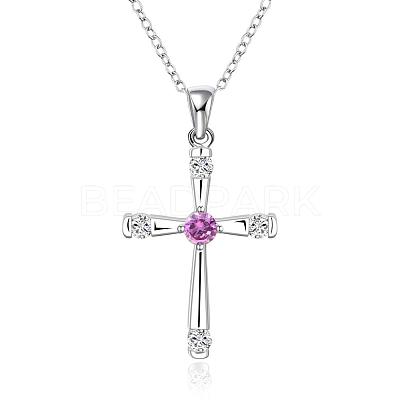 Silver Color Plated Brass Cubic Zirconia Cross Pendant Necklaces NJEW-BB09493-1