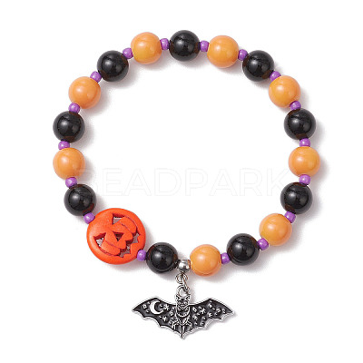 Halloween Theme Baking Paint Glass & Natural Black Onyx(Dyed & Heated) & Synthetic Turquoise Pumpkin Round Beaded Stretch Bracelets BJEW-MZ00188-01-1