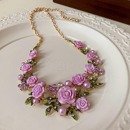 Spring Alloy Rhinestone & Plastic Pearl Rose Flower Garland Bib Necklaces for Women FS-WG9B03D-01-1