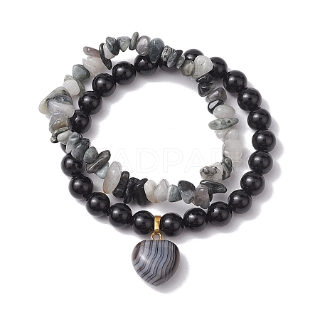 2pcs 2 Styles 6mm Round & Chip Natural Black Agate Beaded Stretch Bracelet Sets BJEW-TA00517-04-1