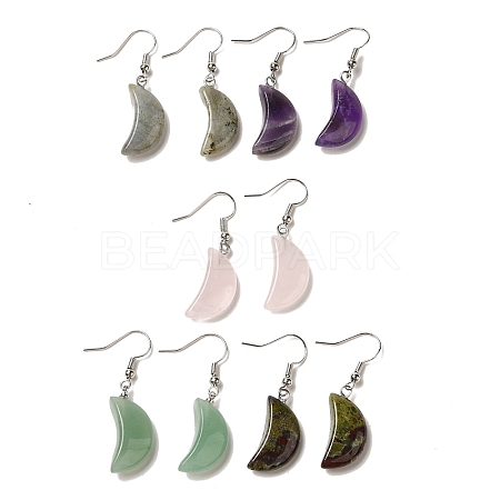 Natural Mixed Gemstone Crescent Moon Dangle Earrings EJEW-E296-02P-1