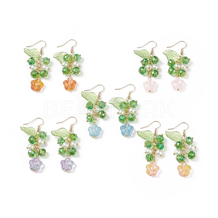 5 Pairs 5 Color Acrylic & Glass Pearl Flower of Life Dangle Earrings EJEW-JE05098-1