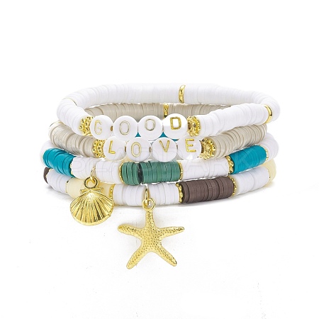 4Pcs 4 Style Handmade Polymer Clay Heishi Surfer Stretch Bracelets Set with Alloy Shell Starfish Charm BJEW-JB07759-1