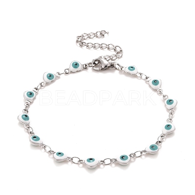 Enamel Heart with Evil Eye Link Chains Bracelet BJEW-P271-07P-02-1