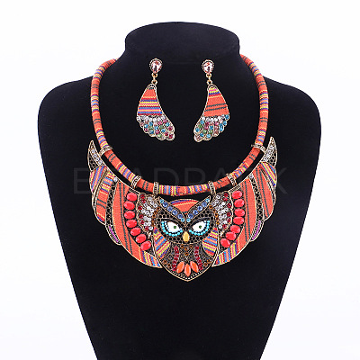 Owl Alloy Rhinestone & Polyester Cord Pendant Necklaces & Stud Dangle Earring Sets FS-WGE12EA-02-1