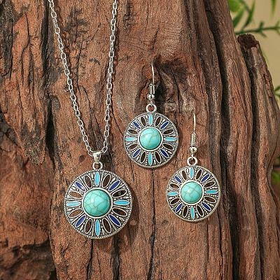 Bohemian Ethnic Style Zinc Alloy & Synthetic Turquoise Pendant Necklaces & Dangle Earrings Sets WG7E01E-03-1