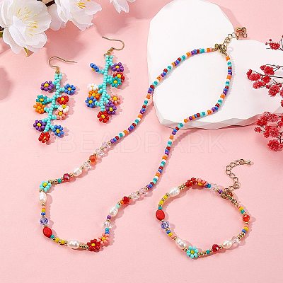 Natural Pearl & Glass Seed Beaded Necklace & Bracelet & Dangle Earrings SJEW-SW00008-1