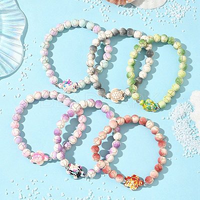 6Pcs 6 Colors Baking Paint Synthetic Turquoise Round & Tortoise Beads Stretch Bracelets for Men Women BJEW-JB12340-1