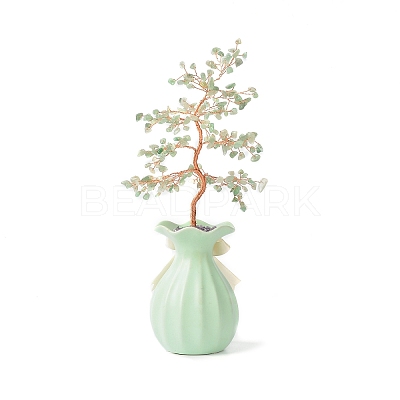 Natural Green Aventurine Chips with Brass Wrapped Wire Money Tree on Ceramic Vase Display Decorations DJEW-B007-01E-1