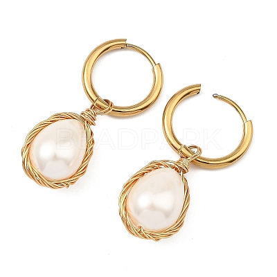 Electroplate Shell Pearl Hoop Dangle Earrings for Women EJEW-JE07266-1