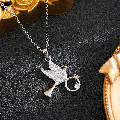 Brass Pave Clear Cubic Zirconia Bird with Diamond Ring Pendant 201 Stainless Steel Cable Chain Necklaces for Women WGE4717-02-1