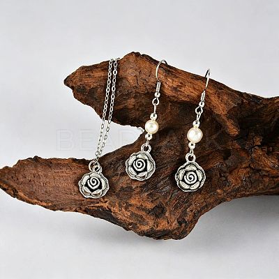 Zinc Alloy Imitation Pearl Flower Dangle Earrings & Pendant Necklaces Sets for Women WG42FFC-01-1