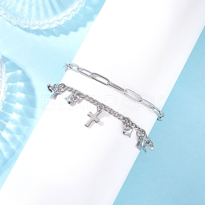 304 Stainless Steel Paperclip & Figaro Chain Bracelets for Women BJEW-JB12445-01-1