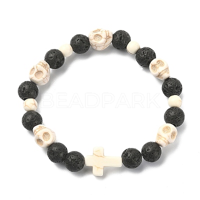 Dyed Natural & Synthetic Mixed Gemstone Skull & Cross Beaded Stretch Bracelets BJEW-TA00272-01-1