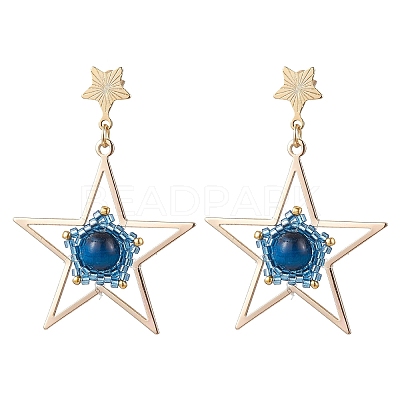 Natural Tiger Eye Star Dangle Stud Earrings EJEW-MZ00356-1
