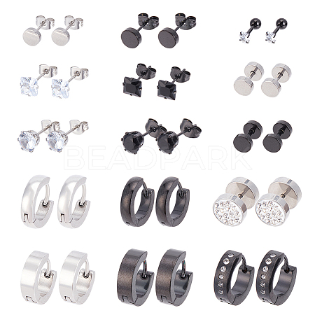 ANATTASOUL 28Pcs 9 Style Clear Cubic Zirciona Diamond & Flat Round Stud Earrings & Ear False Plugs & Hoop Earrings EJEW-AN0003-46-1